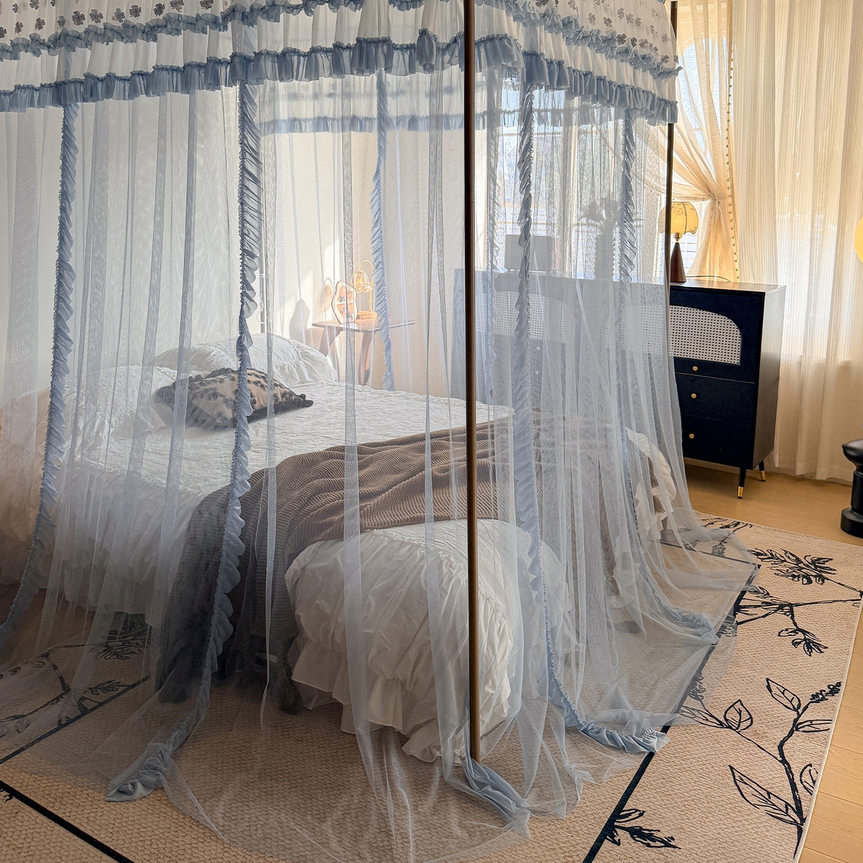 91家纺网 家纺一手货源 找家纺 都市缘蚊帐 2026年新款202四叶草绣花落地宫廷蚊帐1.5m 1.8m 202四叶草-兰灰