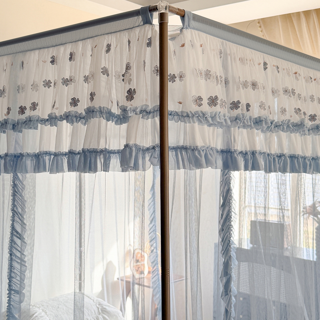 91家纺网 家纺一手货源 找家纺 都市缘蚊帐 2026年新款202四叶草绣花落地宫廷蚊帐1.5m 1.8m 202四叶草-兰灰