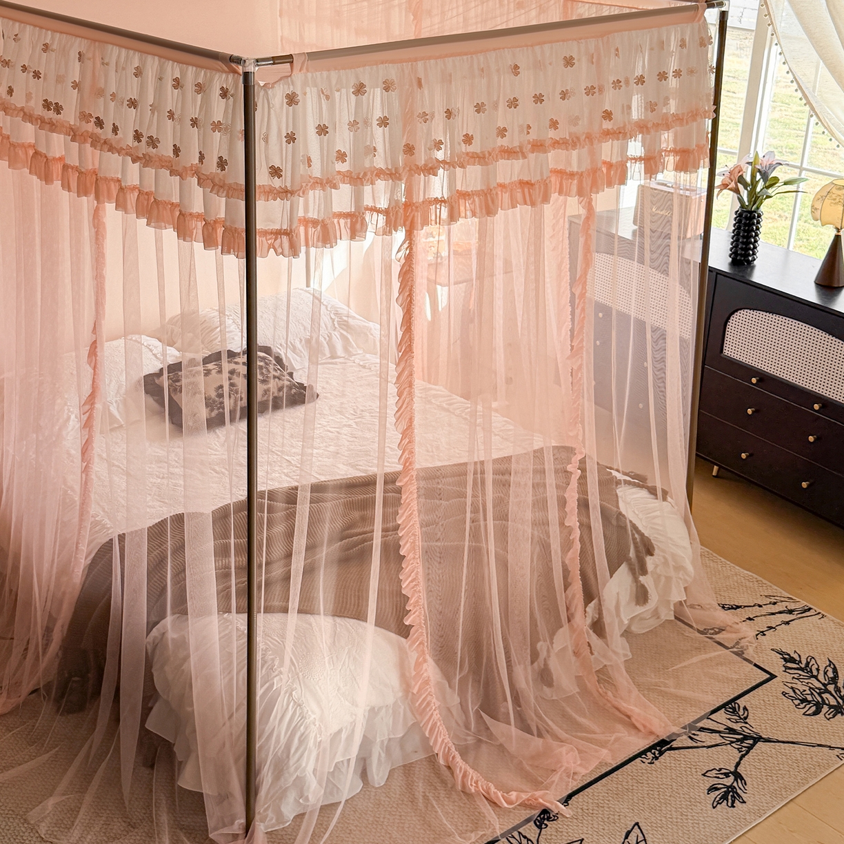 91家纺网 家纺一手货源 找家纺 都市缘蚊帐 2026年新款202四叶草绣花落地宫廷蚊帐1.5m 1.8m 202四叶草-玉色