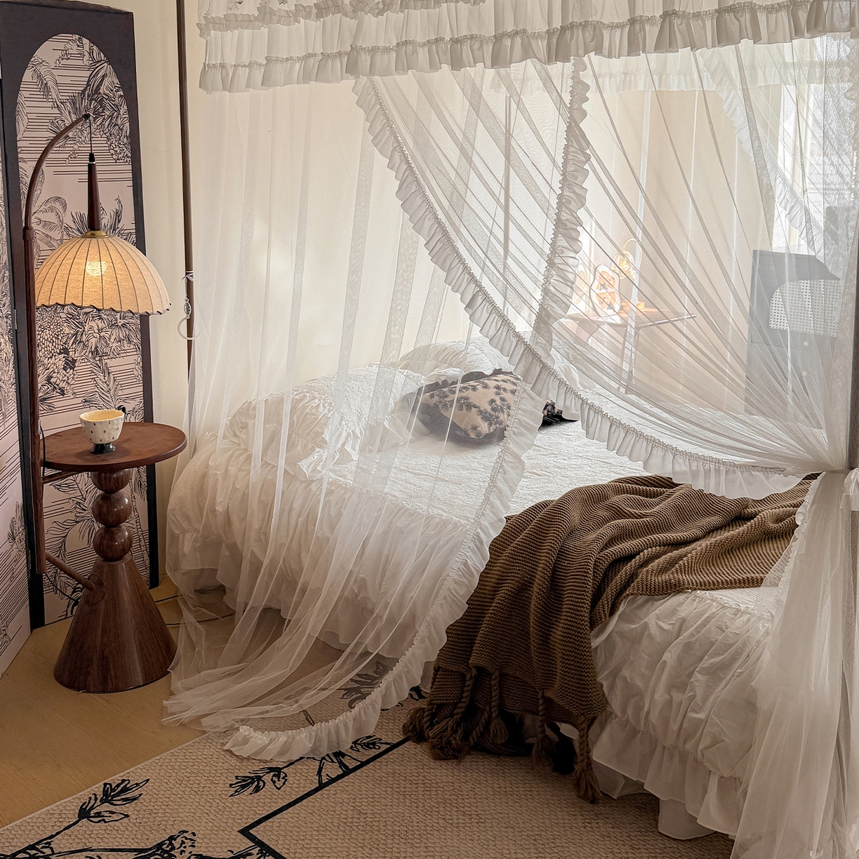 91家纺网 家纺一手货源 找家纺 都市缘蚊帐 2026年新款202四叶草绣花落地宫廷蚊帐1.5m 1.8m 202四叶草- 白色