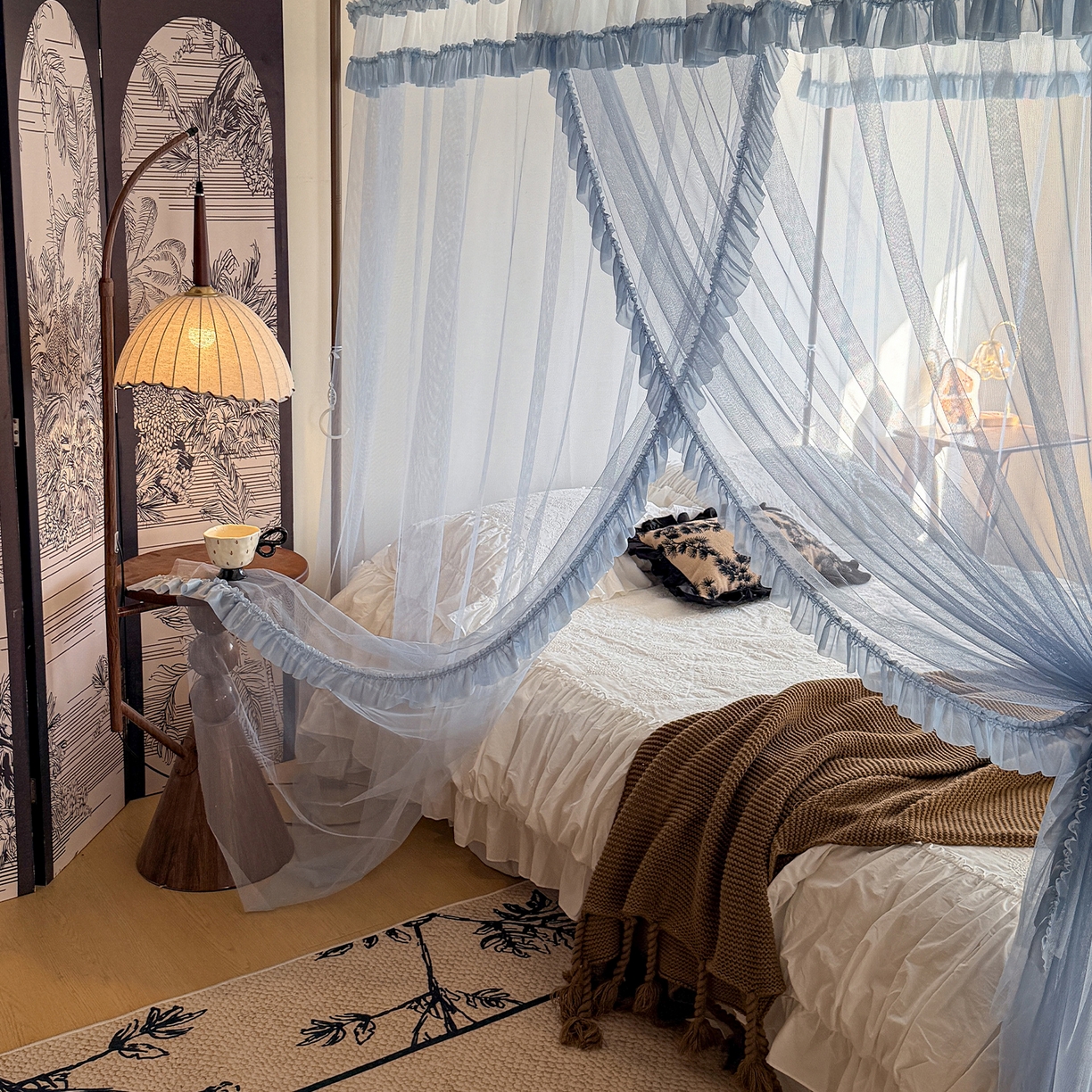 91家纺网 家纺一手货源 找家纺 都市缘蚊帐 2026年新款202四叶草绣花落地宫廷蚊帐1.5m 1.8m 202四叶草-兰灰