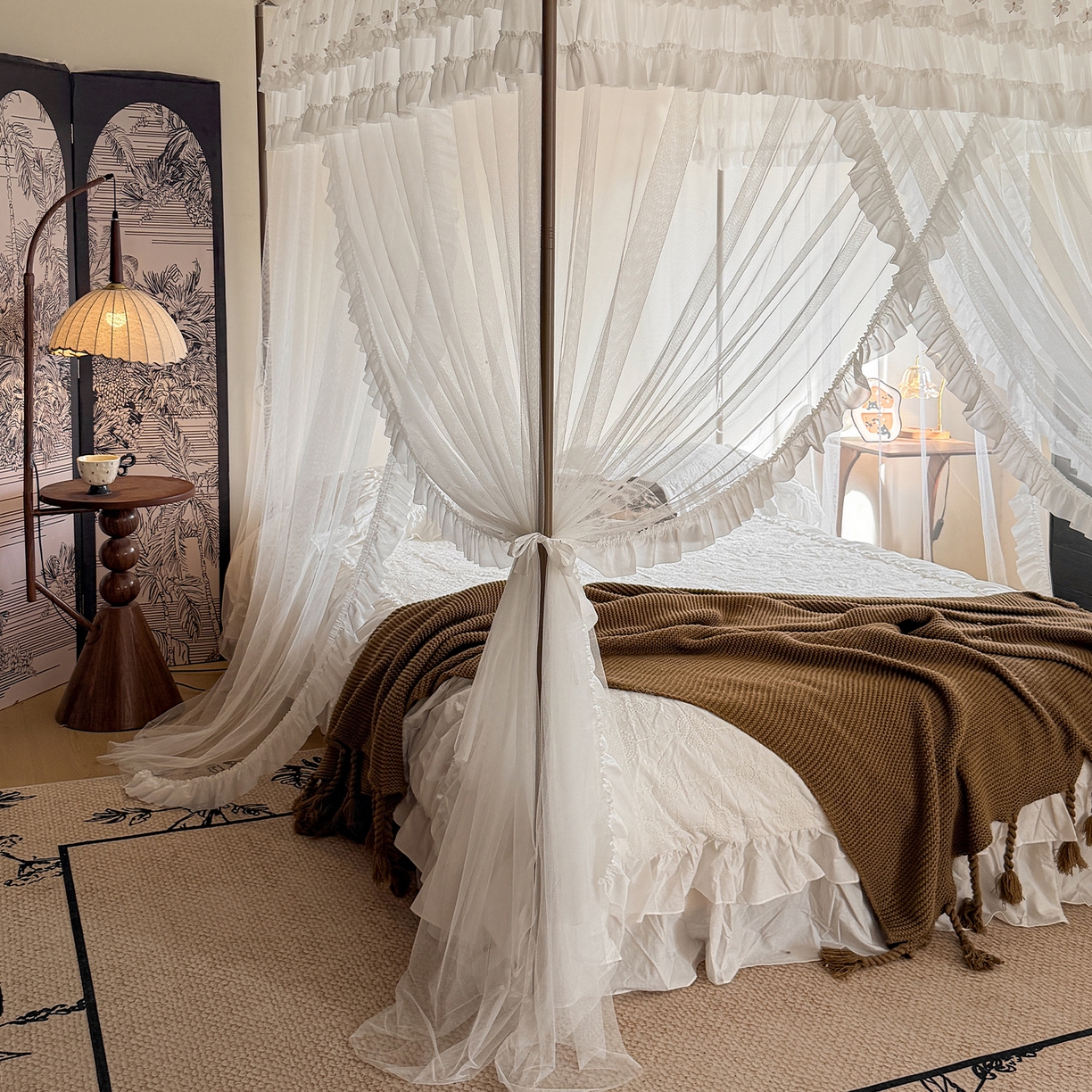 91家纺网 家纺一手货源 找家纺 都市缘蚊帐 2026年新款202四叶草绣花落地宫廷蚊帐1.5m 1.8m 202四叶草- 白色