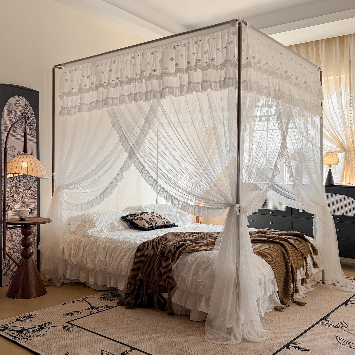 91家纺网 家纺一手货源 找家纺 都市缘蚊帐 2026年新款202四叶草绣花落地宫廷蚊帐1.5m 1.8m 202四叶草- 白色