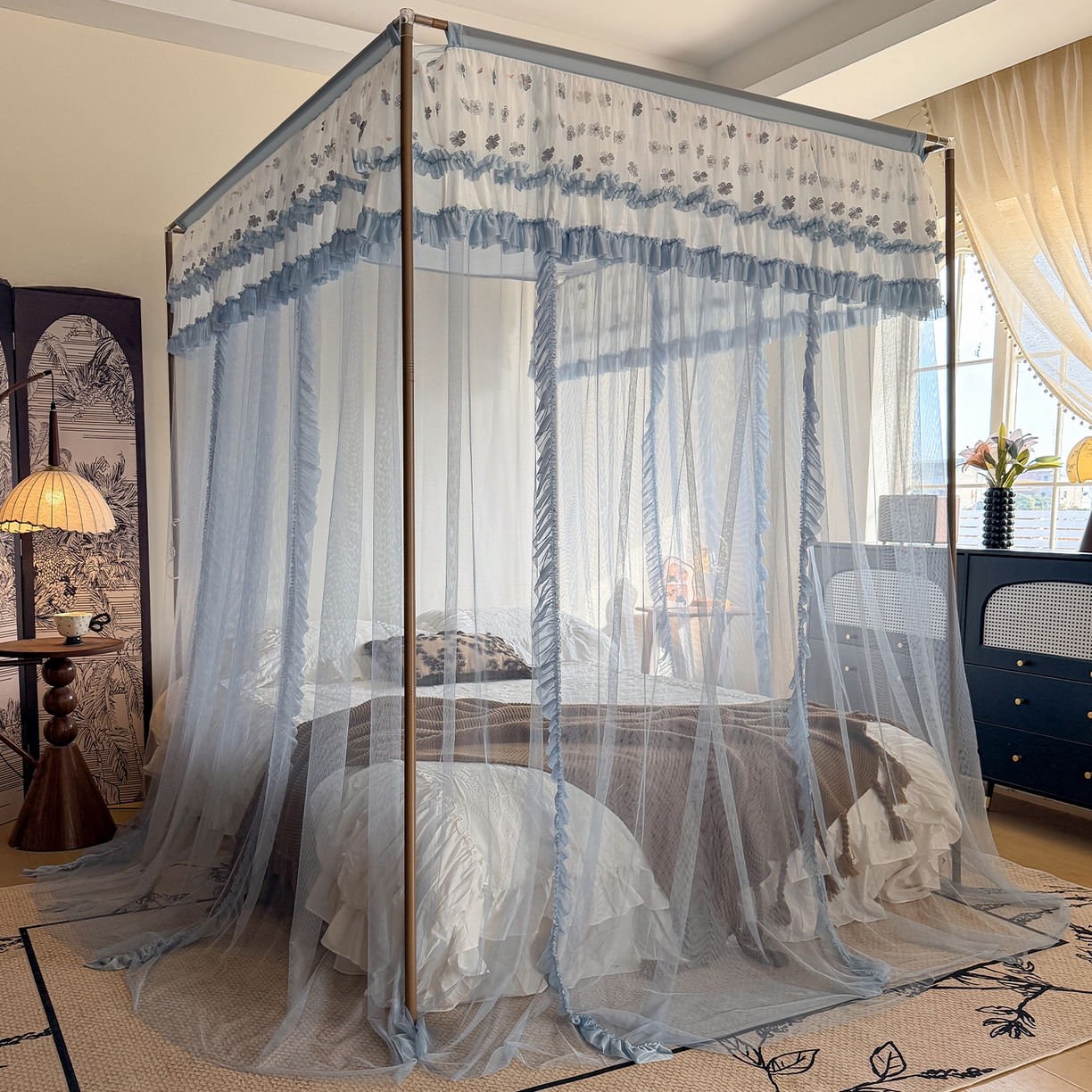 91家纺网 家纺一手货源 找家纺 都市缘蚊帐 2026年新款202四叶草绣花落地宫廷蚊帐1.5m 1.8m 202四叶草-兰灰