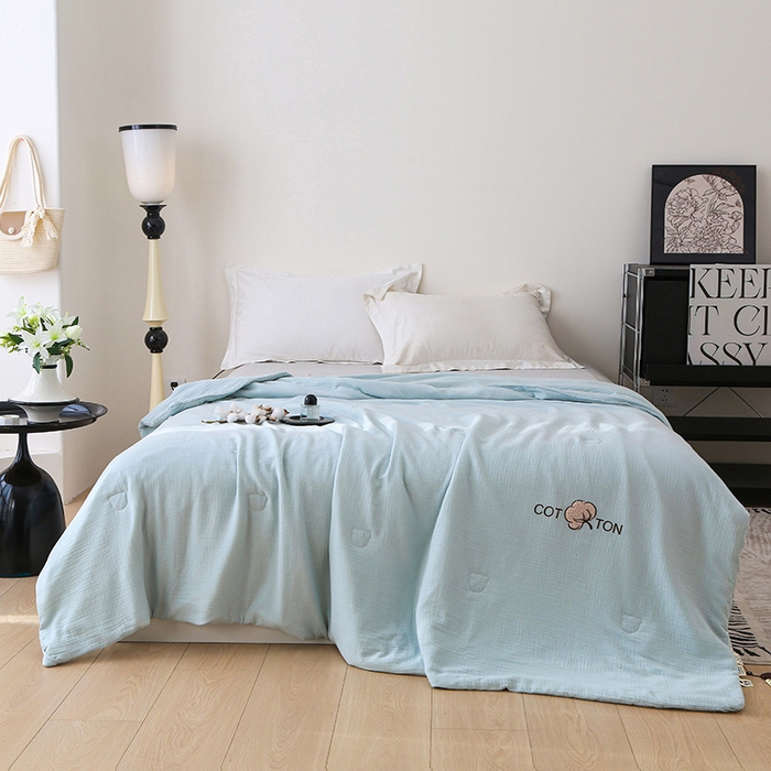 薇玛仕 2026A类全棉双层皱皱纱立体烫画纯色款大豆夏凉被空调被 绉绉-天蓝