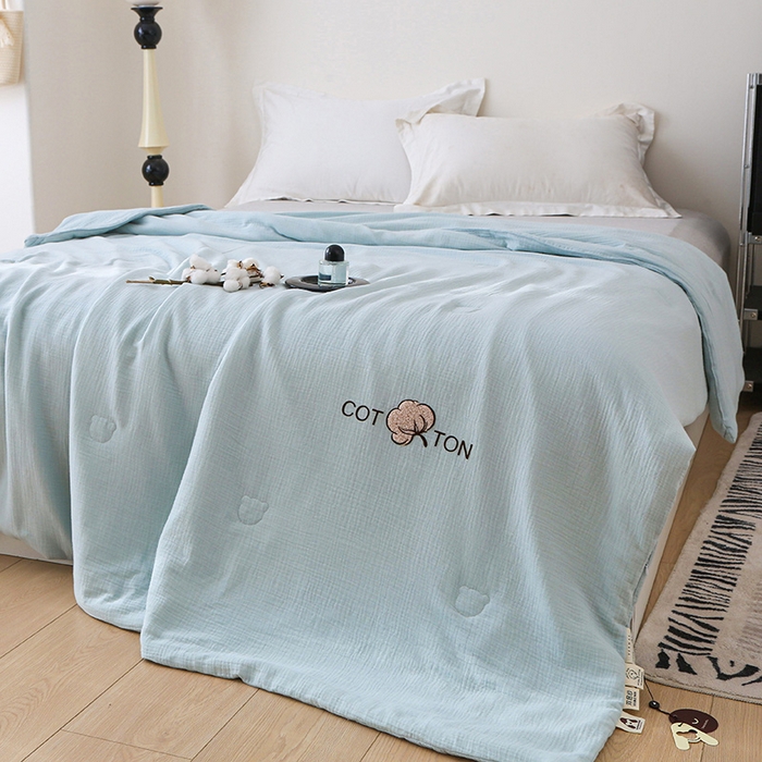 91家纺网 家纺一手货源 找家纺 薇玛仕 2026A类全棉双层皱皱纱立体烫画纯色款大豆夏凉被空调被 绉绉-天蓝