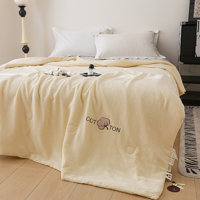 91家纺网 家纺一手货源 找家纺 薇玛仕 2026A类全棉双层皱皱纱立体烫画纯色款大豆夏凉被空调被 皱皱-米黄