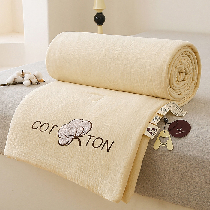 91家纺网 家纺一手货源 找家纺 薇玛仕 2026A类全棉双层皱皱纱立体烫画纯色款大豆夏凉被空调被 皱皱-米黄