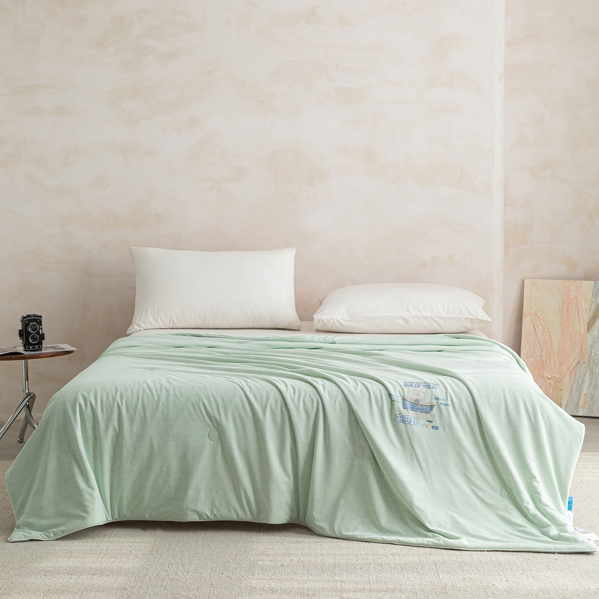 91家纺网 家纺一手货源 找家纺 亿莱鑫 2026春夏新款纯色高克重仿锦氨凉感夏被夏凉被空调被-扬帆起航 扬帆起航-绿