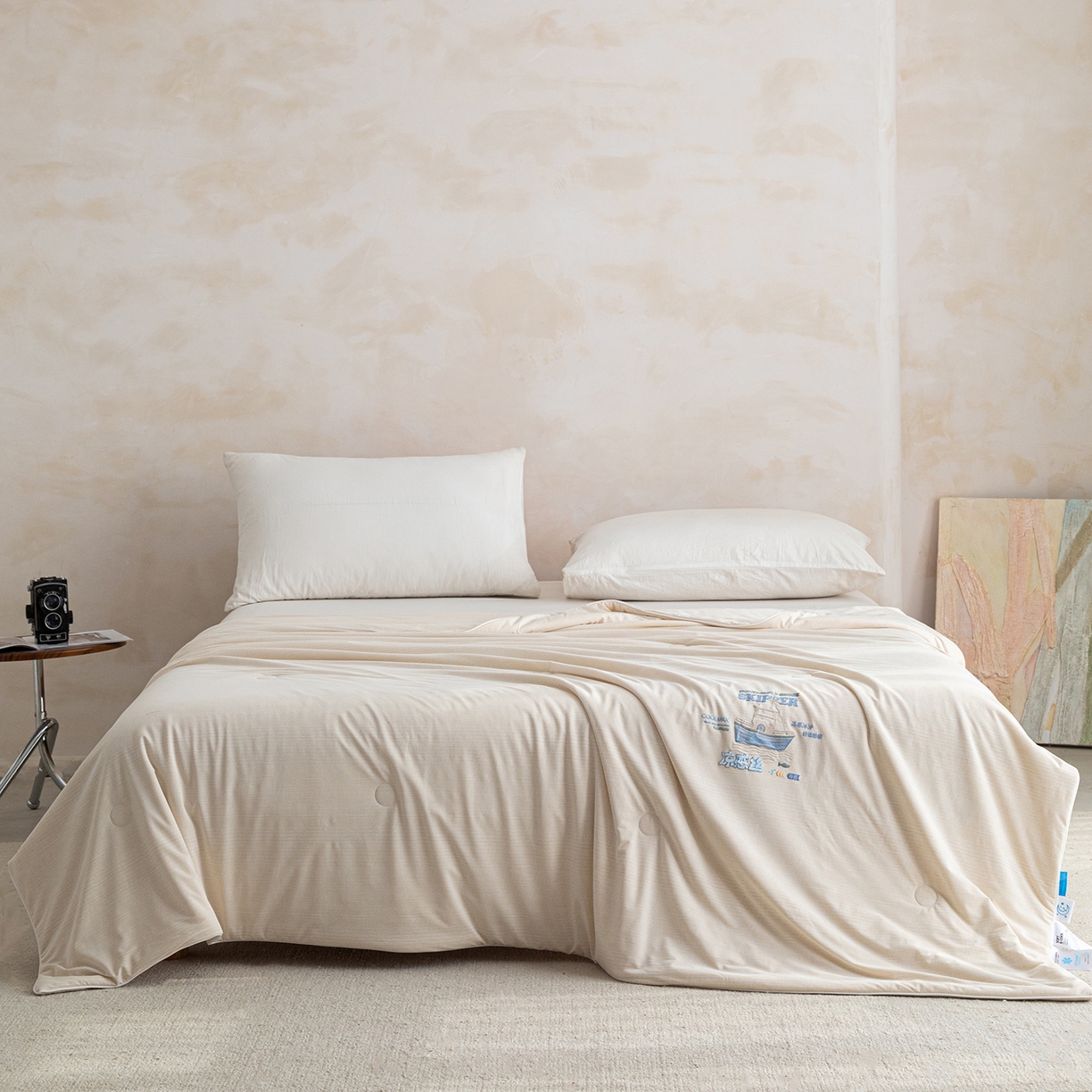 91家纺网 家纺一手货源 找家纺 亿莱鑫 2026春夏新款纯色高克重仿锦氨凉感夏被夏凉被空调被-扬帆起航 扬帆起航-米色