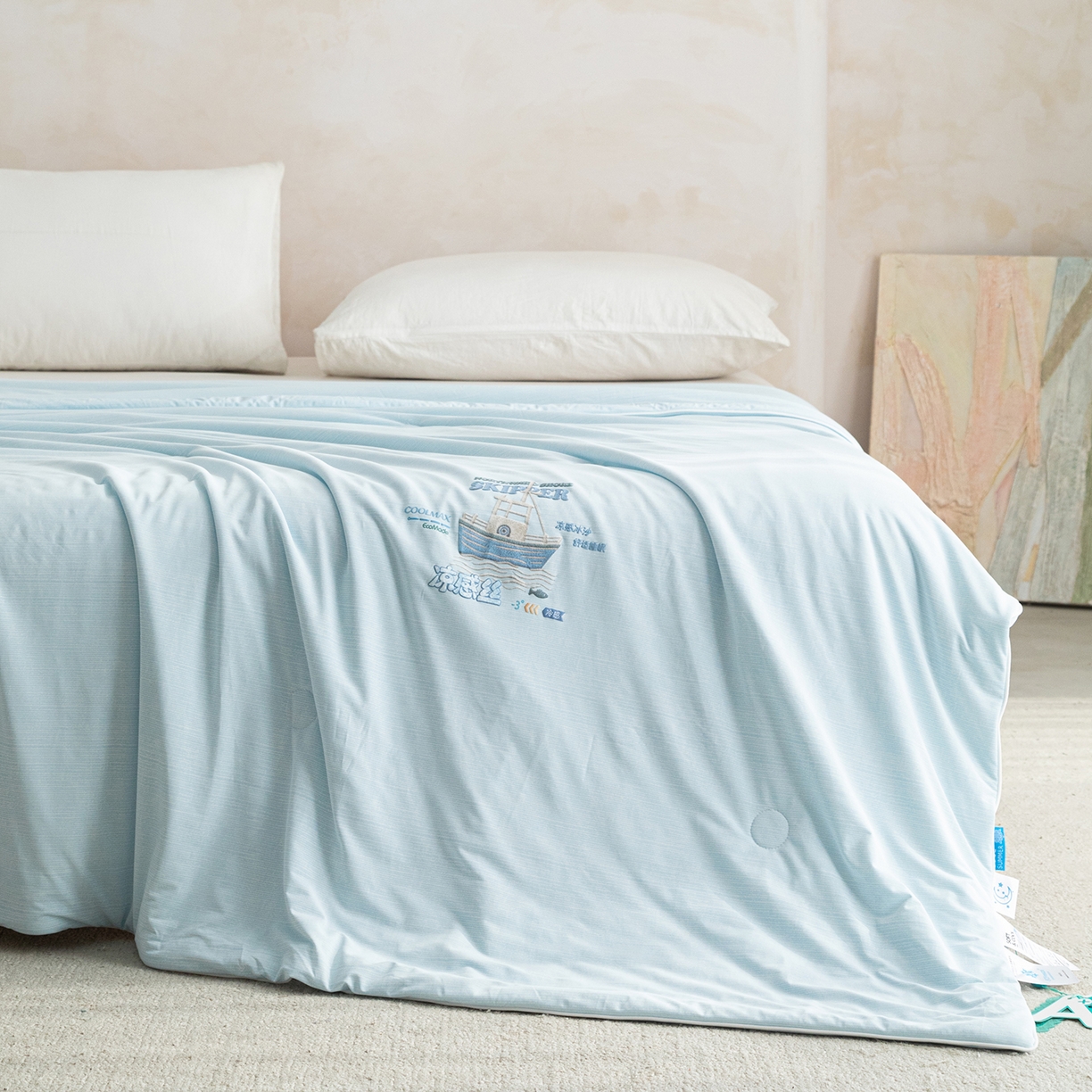 91家纺网 家纺一手货源 找家纺 亿莱鑫 2026春夏新款纯色高克重仿锦氨凉感夏被夏凉被空调被-扬帆起航 扬帆起航-蓝