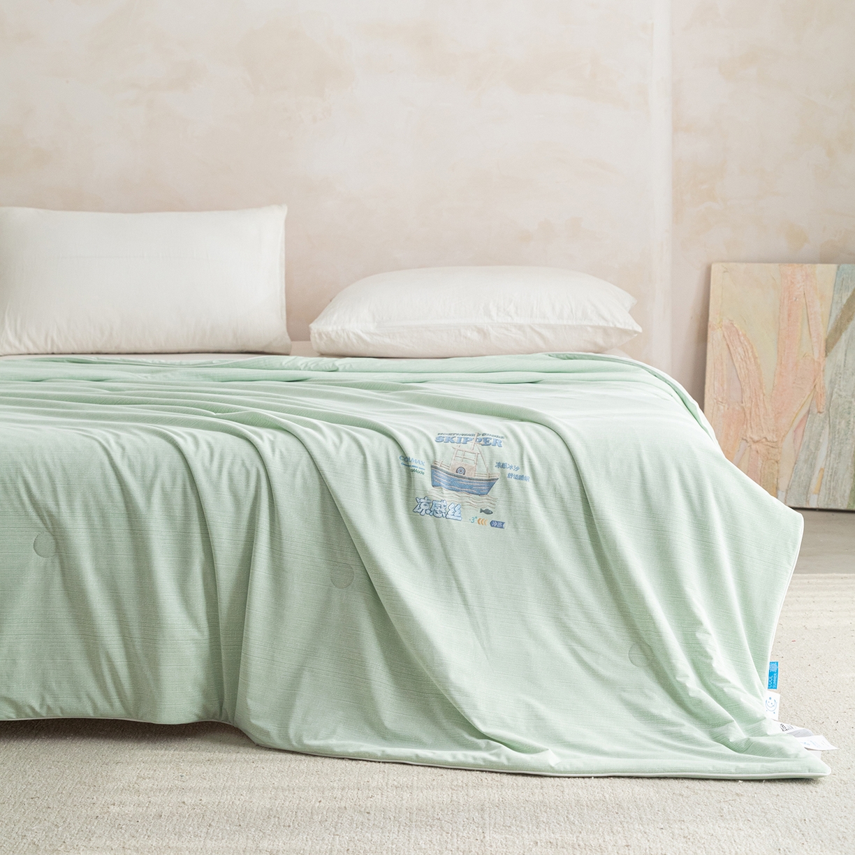 91家纺网 家纺一手货源 找家纺 亿莱鑫 2026春夏新款纯色高克重仿锦氨凉感夏被夏凉被空调被-扬帆起航 扬帆起航-绿