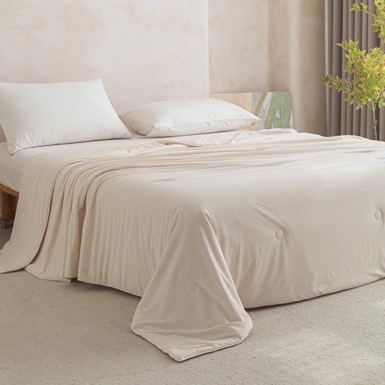 91家纺网 家纺一手货源 找家纺 亿莱鑫 2026春夏新款纯色高克重仿锦氨凉感夏被夏凉被空调被-扬帆起航 扬帆起航-米色