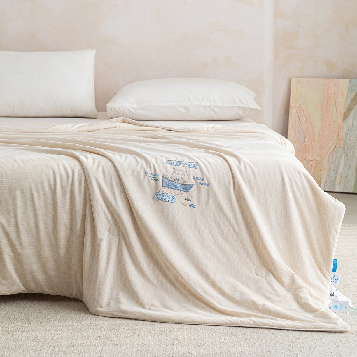 91家纺网 家纺一手货源 找家纺 亿莱鑫 2026春夏新款纯色高克重仿锦氨凉感夏被夏凉被空调被-扬帆起航 扬帆起航-米色