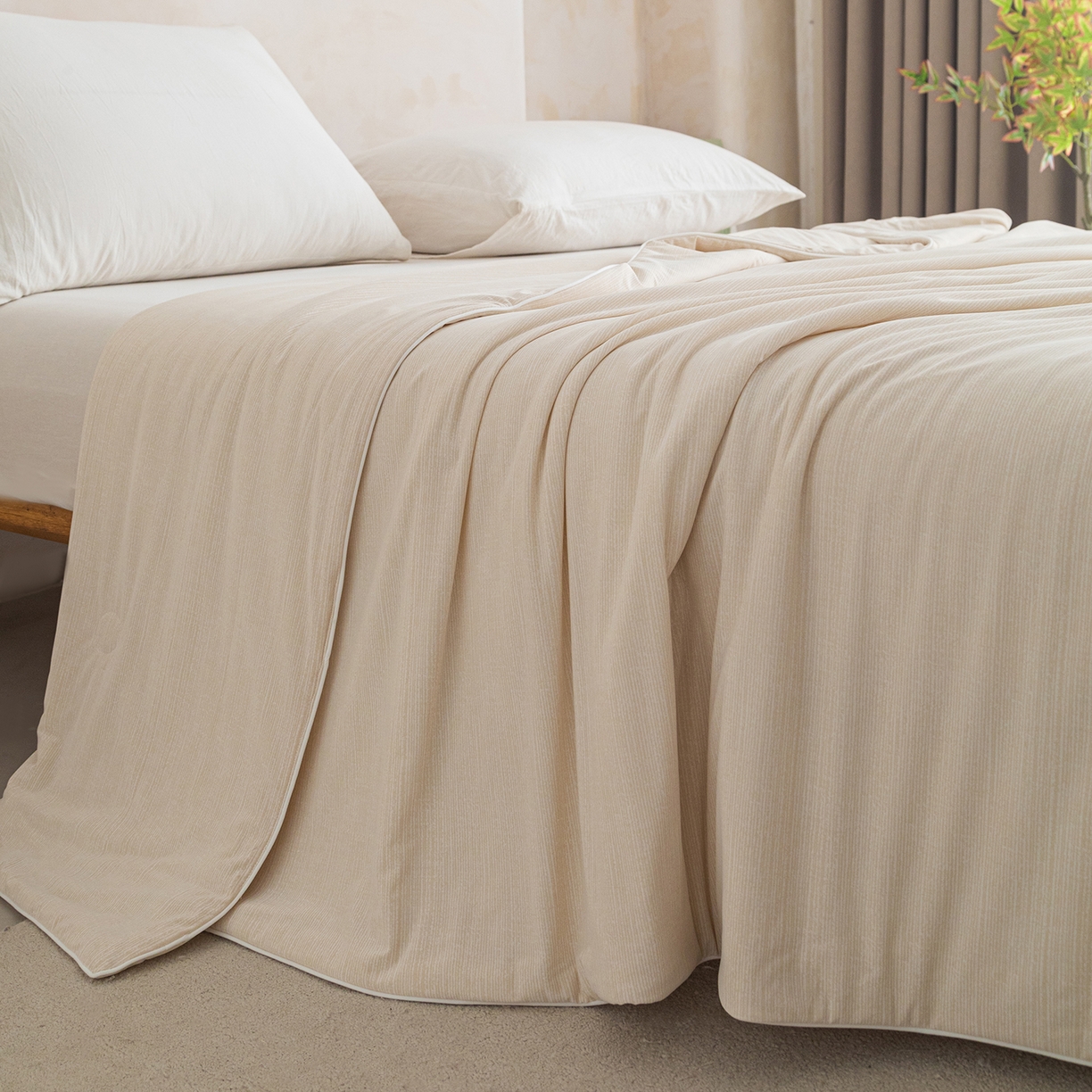 91家纺网 家纺一手货源 找家纺 亿莱鑫 2026春夏新款纯色高克重仿锦氨凉感夏被夏凉被空调被-扬帆起航 扬帆起航-米色