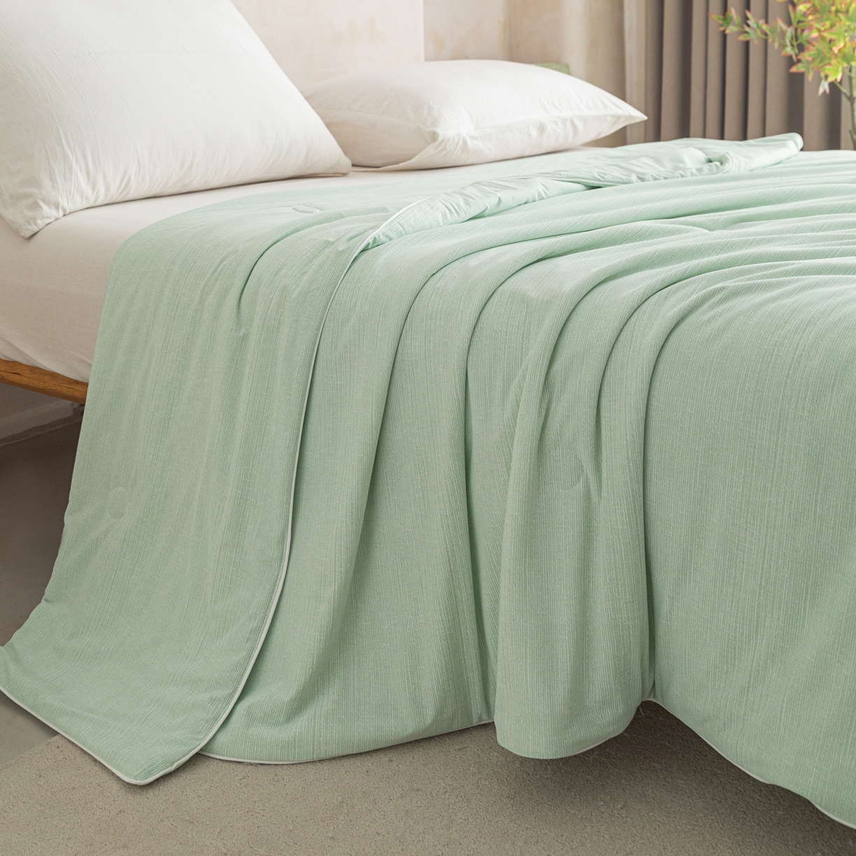 91家纺网 家纺一手货源 找家纺 亿莱鑫 2026春夏新款纯色高克重仿锦氨凉感夏被夏凉被空调被-扬帆起航 扬帆起航-绿