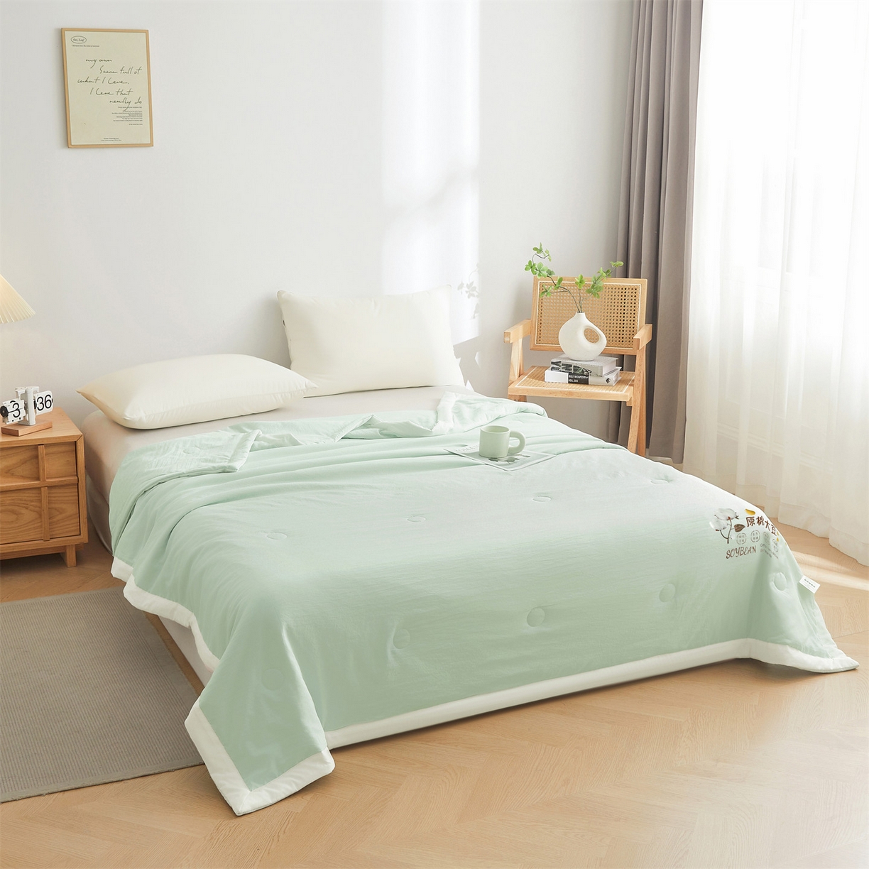 91家纺网 家纺一手货源 找家纺 招财星家纺 2026新款国标A类棉麻大豆纤维手包边夏凉被夏被空调被子被芯直播爆款【含质检报告买家秀】 洛汐-果绿