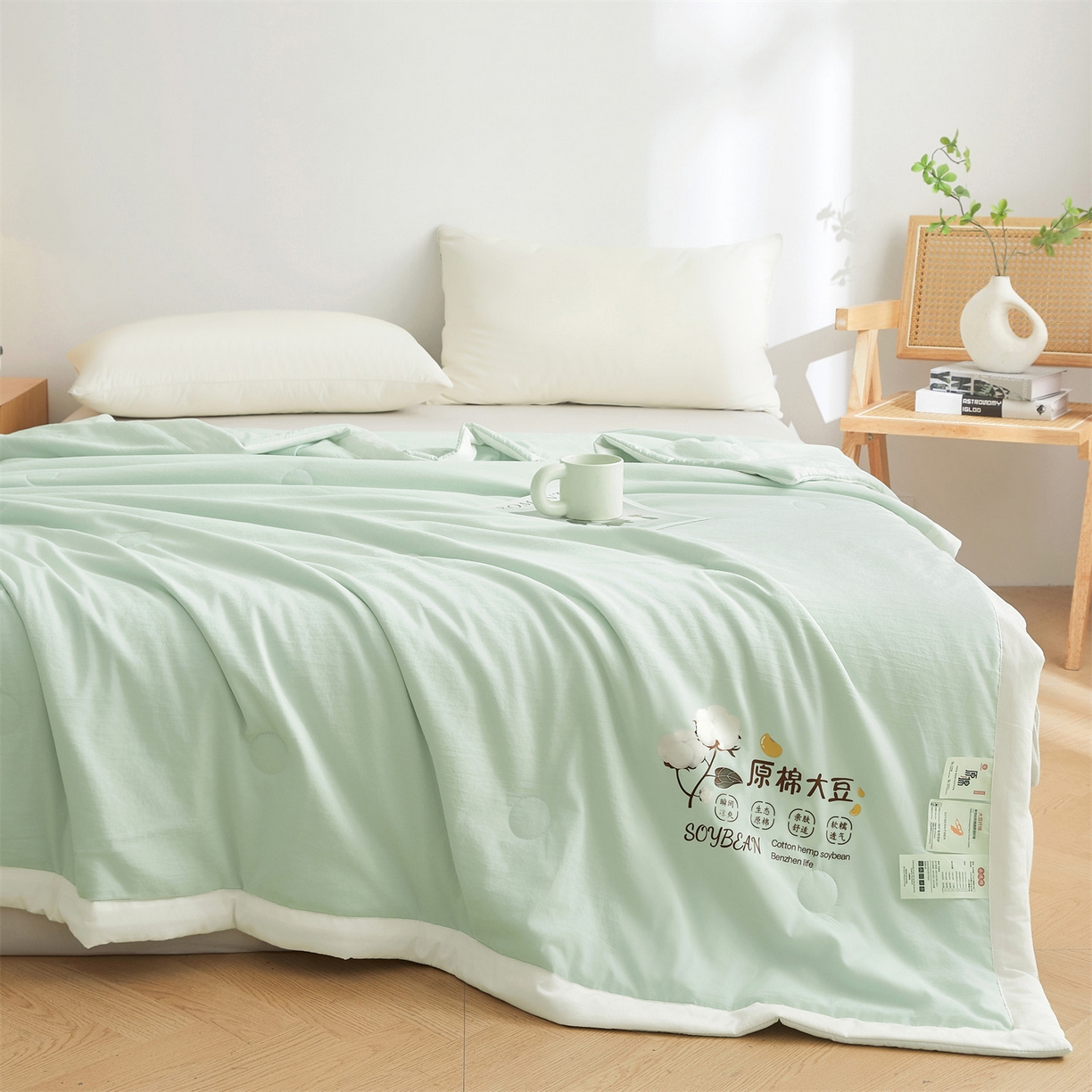 91家纺网 家纺一手货源 找家纺 招财星家纺 2026新款国标A类棉麻大豆纤维手包边夏凉被夏被空调被子被芯直播爆款【含质检报告买家秀】 洛汐-果绿