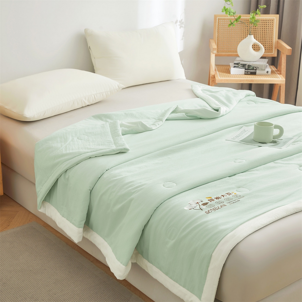 91家纺网 家纺一手货源 找家纺 招财星家纺 2026新款国标A类棉麻大豆纤维手包边夏凉被夏被空调被子被芯直播爆款【含质检报告买家秀】 洛汐-果绿