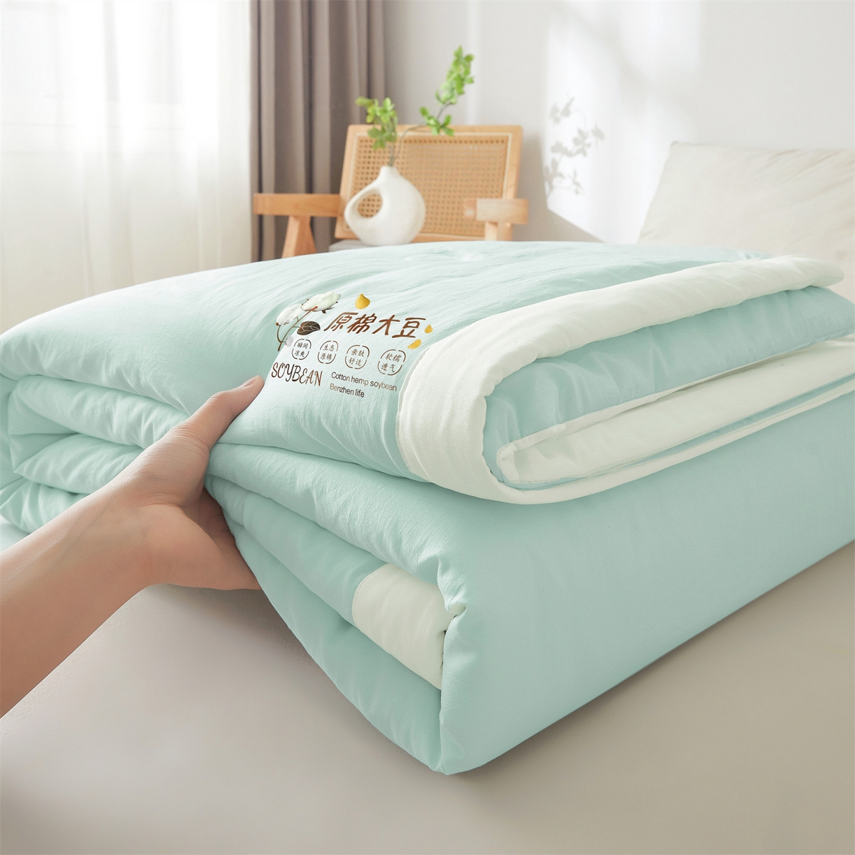 招财星家纺 2026新款国标A类棉麻大豆纤维手包边夏凉被夏被空调被子被芯直播爆款【含质检报告买家秀】 洛汐-湖水蓝