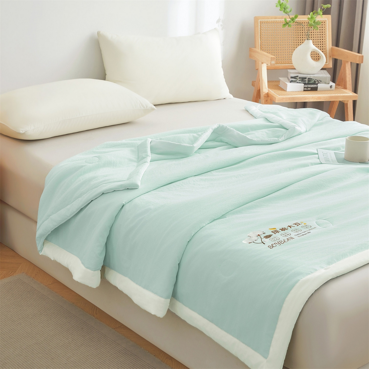 91家纺网 家纺一手货源 找家纺 招财星家纺 2026新款国标A类棉麻大豆纤维手包边夏凉被夏被空调被子被芯直播爆款【含质检报告买家秀】 洛汐-湖水蓝