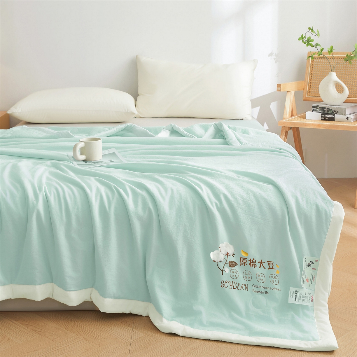 91家纺网 家纺一手货源 找家纺 招财星家纺 2026新款国标A类棉麻大豆纤维手包边夏凉被夏被空调被子被芯直播爆款【含质检报告买家秀】 洛汐-湖水蓝