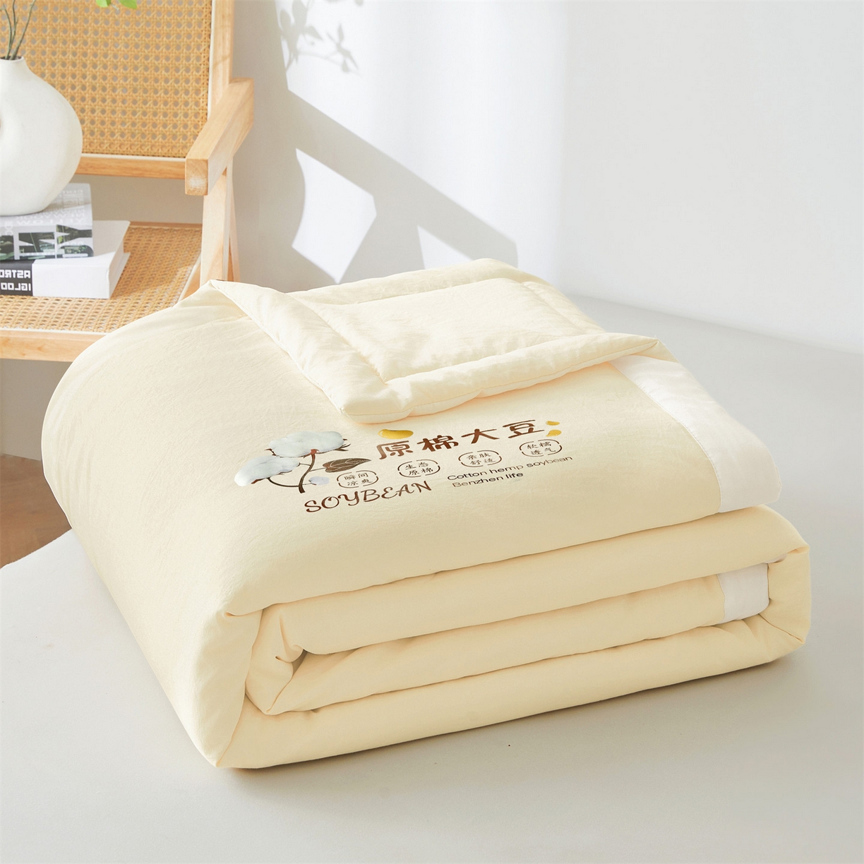 91家纺网 家纺一手货源 找家纺 招财星家纺 2026新款国标A类棉麻大豆纤维手包边夏凉被夏被空调被子被芯直播爆款【含质检报告买家秀】 洛汐-米黄