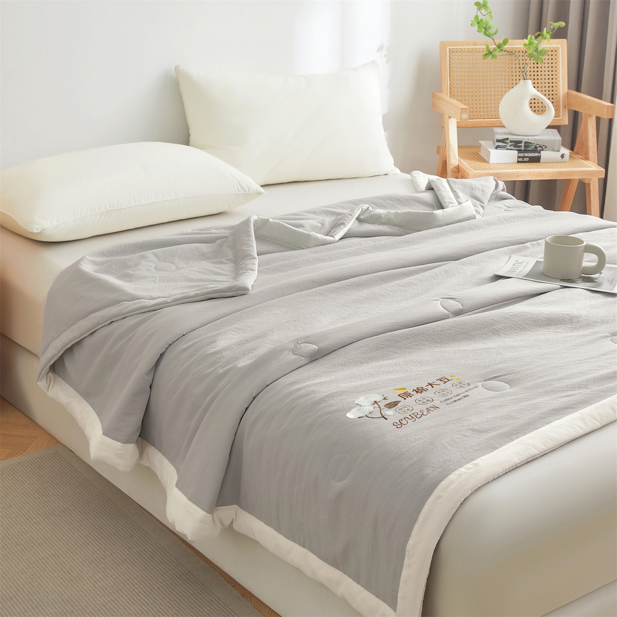 91家纺网 家纺一手货源 找家纺 招财星家纺 2026新款国标A类棉麻大豆纤维手包边夏凉被夏被空调被子被芯直播爆款【含质检报告买家秀】 洛汐-烟灰