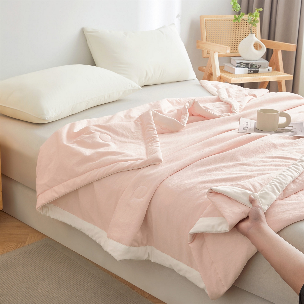 91家纺网 家纺一手货源 找家纺 招财星家纺 2026新款国标A类棉麻大豆纤维手包边夏凉被夏被空调被子被芯直播爆款【含质检报告买家秀】 洛汐-樱花粉