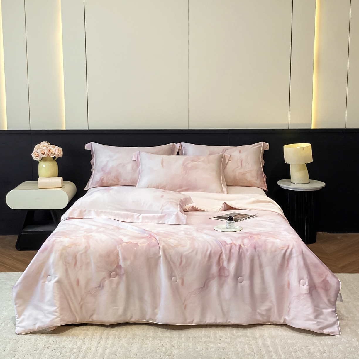 91家纺网 家纺一手货源 找家纺 新方向 2026新款数码印花天丝棉夏被四件套-如愿（控价 标准368元 加大388元） 如愿-山茶粉