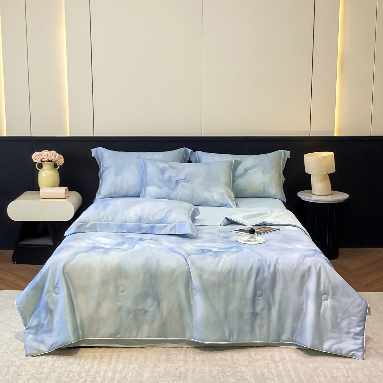 91家纺网 家纺一手货源 找家纺 新方向 2026新款数码印花天丝棉夏被四件套-如愿（控价 标准368元 加大388元） 如愿-微光蓝