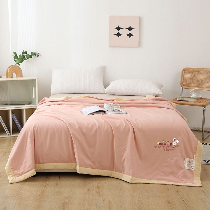 薇玛仕 2026直播爆款水洗棉麻大豆夏凉被纯色手工包边空调被 棉麻-粉色
