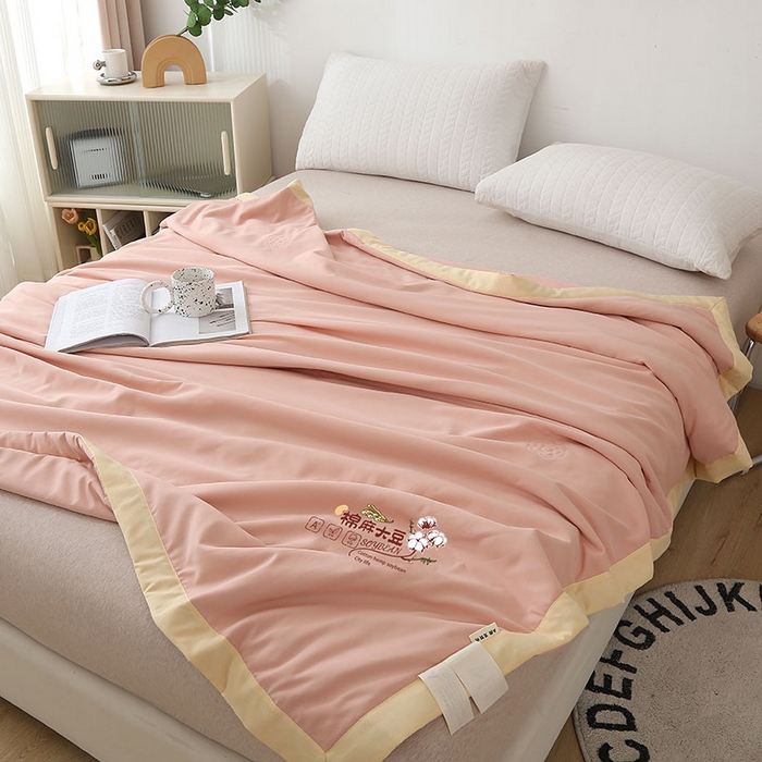 91家纺网 家纺一手货源 找家纺 薇玛仕 2026直播爆款水洗棉麻大豆夏凉被纯色手工包边空调被 棉麻-粉色