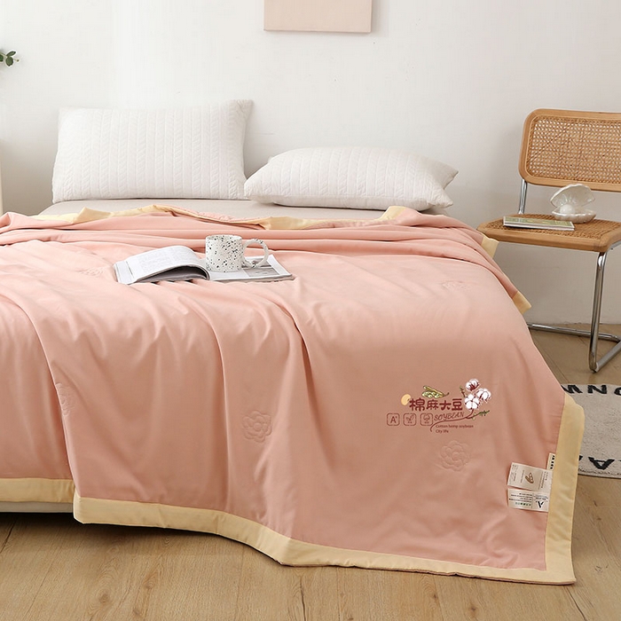 91家纺网 家纺一手货源 找家纺 薇玛仕 2026直播爆款水洗棉麻大豆夏凉被纯色手工包边空调被 棉麻-粉色