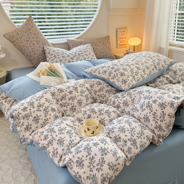 91家纺网 家纺一手货源 找家纺 爱多多家居 2026新款双层纱针织棉印花单被套 花丛灰