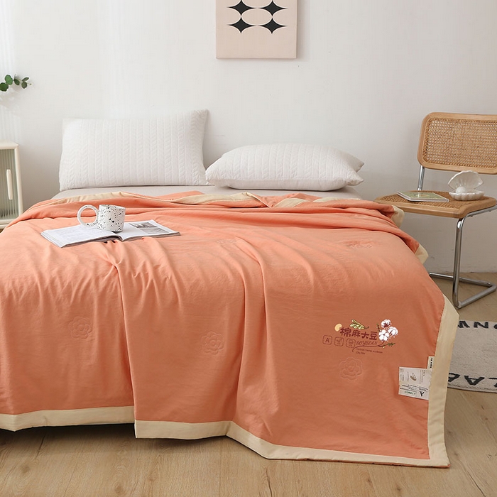 91家纺网 家纺一手货源 找家纺 薇玛仕 2026直播爆款水洗棉麻大豆夏凉被纯色手工包边空调被 棉麻-桔色