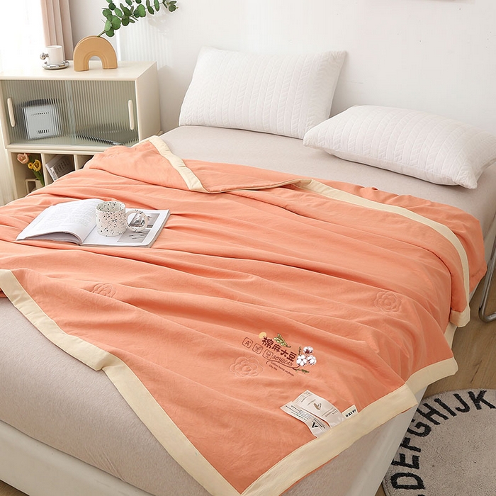 91家纺网 家纺一手货源 找家纺 薇玛仕 2026直播爆款水洗棉麻大豆夏凉被纯色手工包边空调被 棉麻-桔色