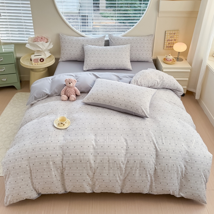 91家纺网 家纺一手货源 找家纺 爱多多家居 2026新款双层纱针织棉印花单被套 爱心灰