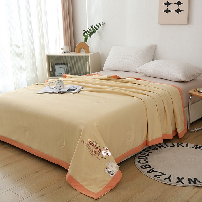 91家纺网 家纺一手货源 找家纺 薇玛仕 2026直播爆款水洗棉麻大豆夏凉被纯色手工包边空调被 棉麻-米黄