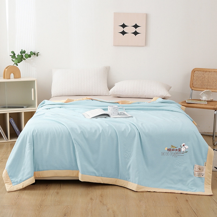 薇玛仕 2026直播爆款水洗棉麻大豆夏凉被纯色手工包边空调被 棉麻-天蓝