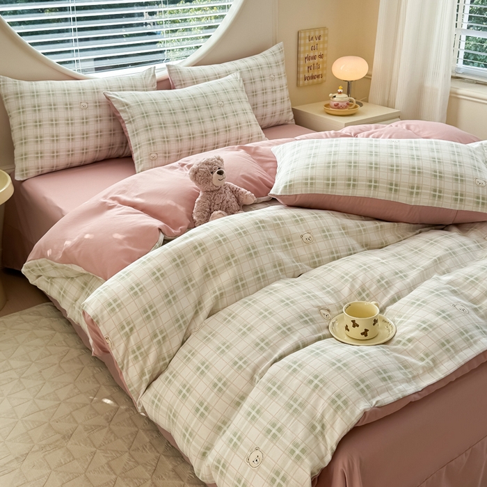 爱多多家居 2026新款双层纱针织棉印花单被套 格子熊