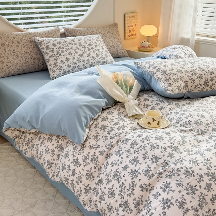 91家纺网 家纺一手货源 找家纺 爱多多家居 2026新款双层纱针织棉印花单被套 花丛灰