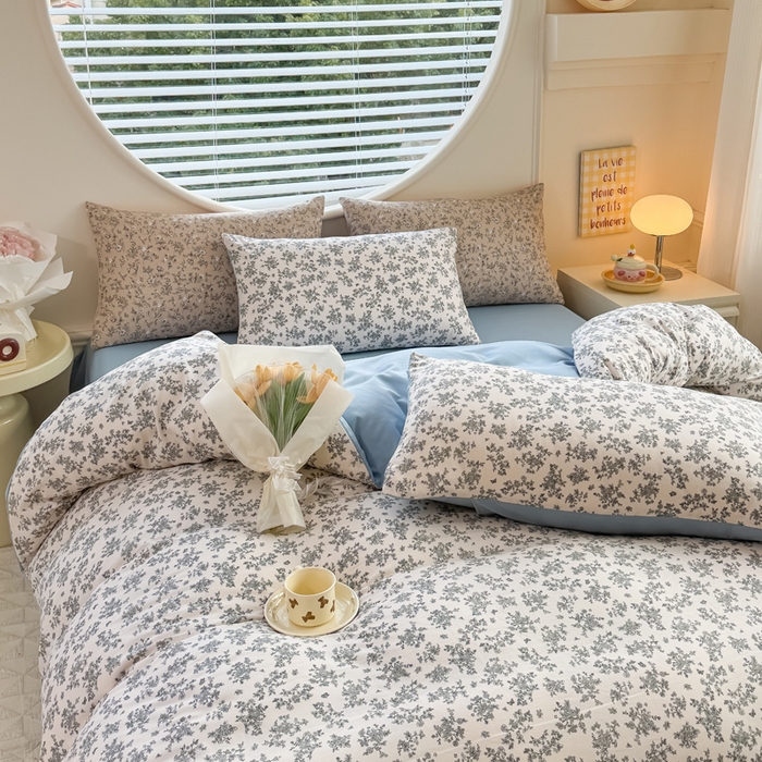 91家纺网 家纺一手货源 找家纺 爱多多家居 2026新款双层纱针织棉印花单被套 花丛灰