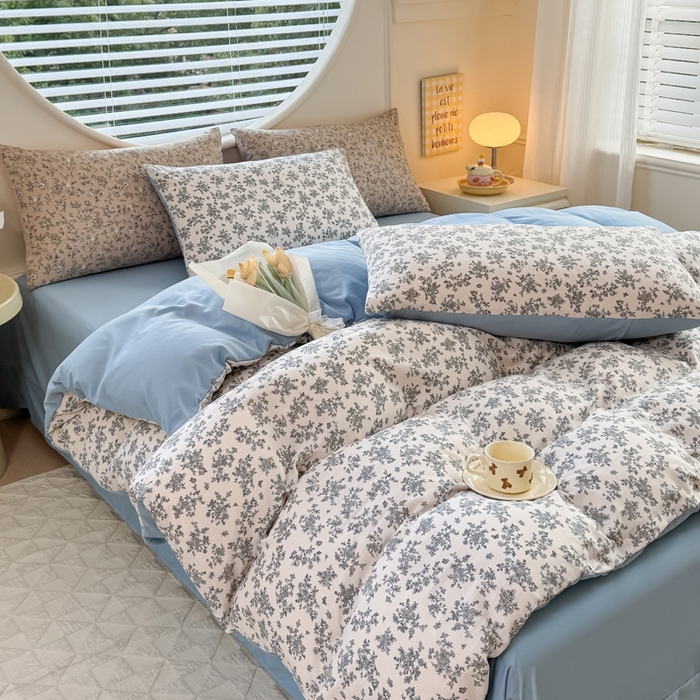 91家纺网 家纺一手货源 找家纺 爱多多家居 2026新款双层纱针织棉印花单被套 花丛灰