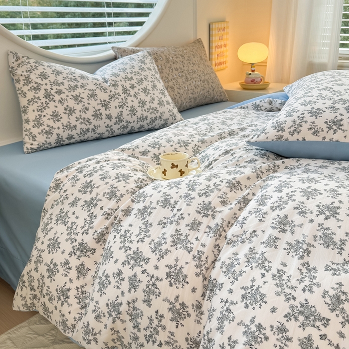 91家纺网 家纺一手货源 找家纺 爱多多家居 2026新款双层纱针织棉印花单被套 花丛灰