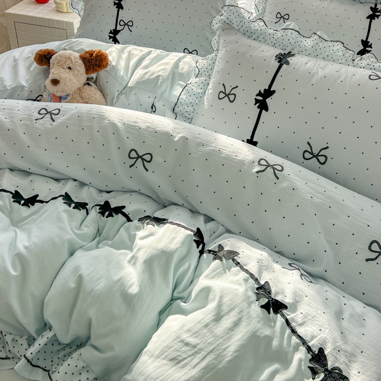 91家纺网 家纺一手货源 找家纺 （总）金盛皇朝家纺 2026新款皱皱纱双层纱水洗棉ins小清新蕾丝花边韩版床裙四件套