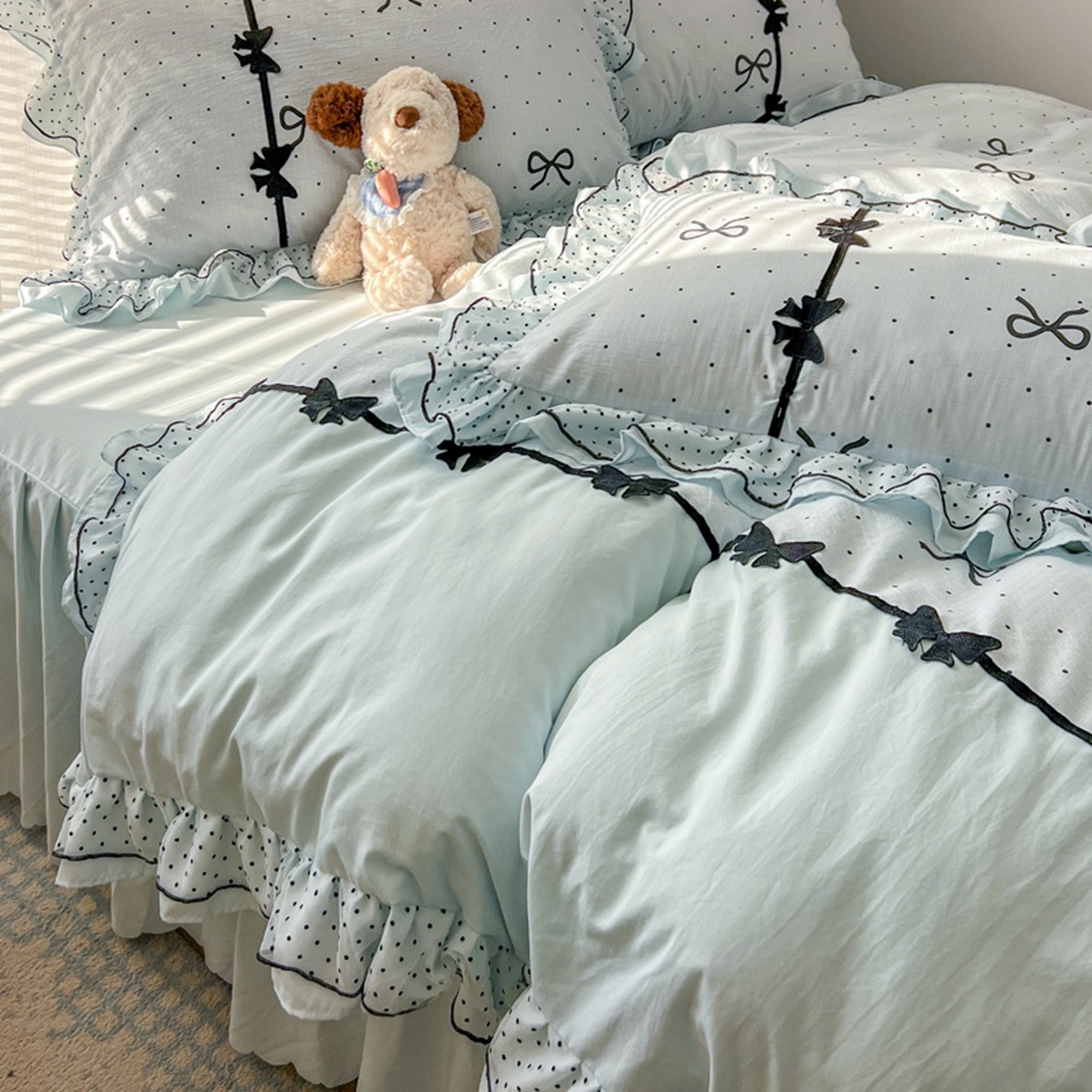 91家纺网 家纺一手货源 找家纺 （总）金盛皇朝家纺 2026新款皱皱纱双层纱水洗棉ins小清新蕾丝花边韩版床裙四件套