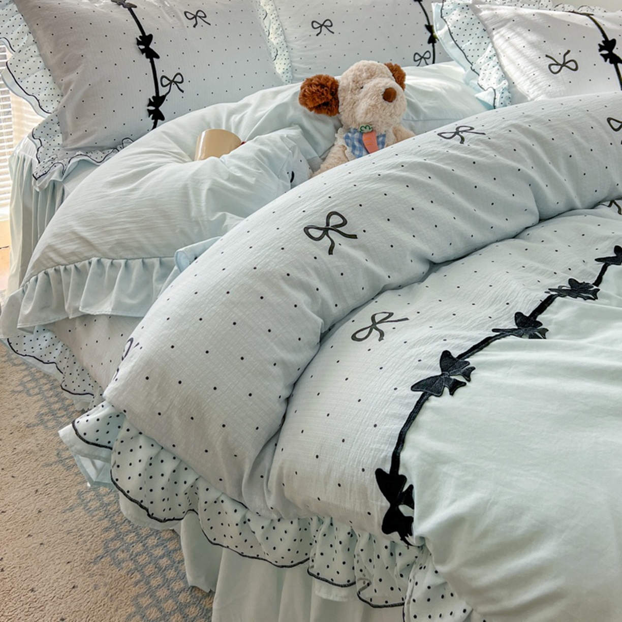 91家纺网 家纺一手货源 找家纺 （总）金盛皇朝家纺 2026新款皱皱纱双层纱水洗棉ins小清新蕾丝花边韩版床裙四件套