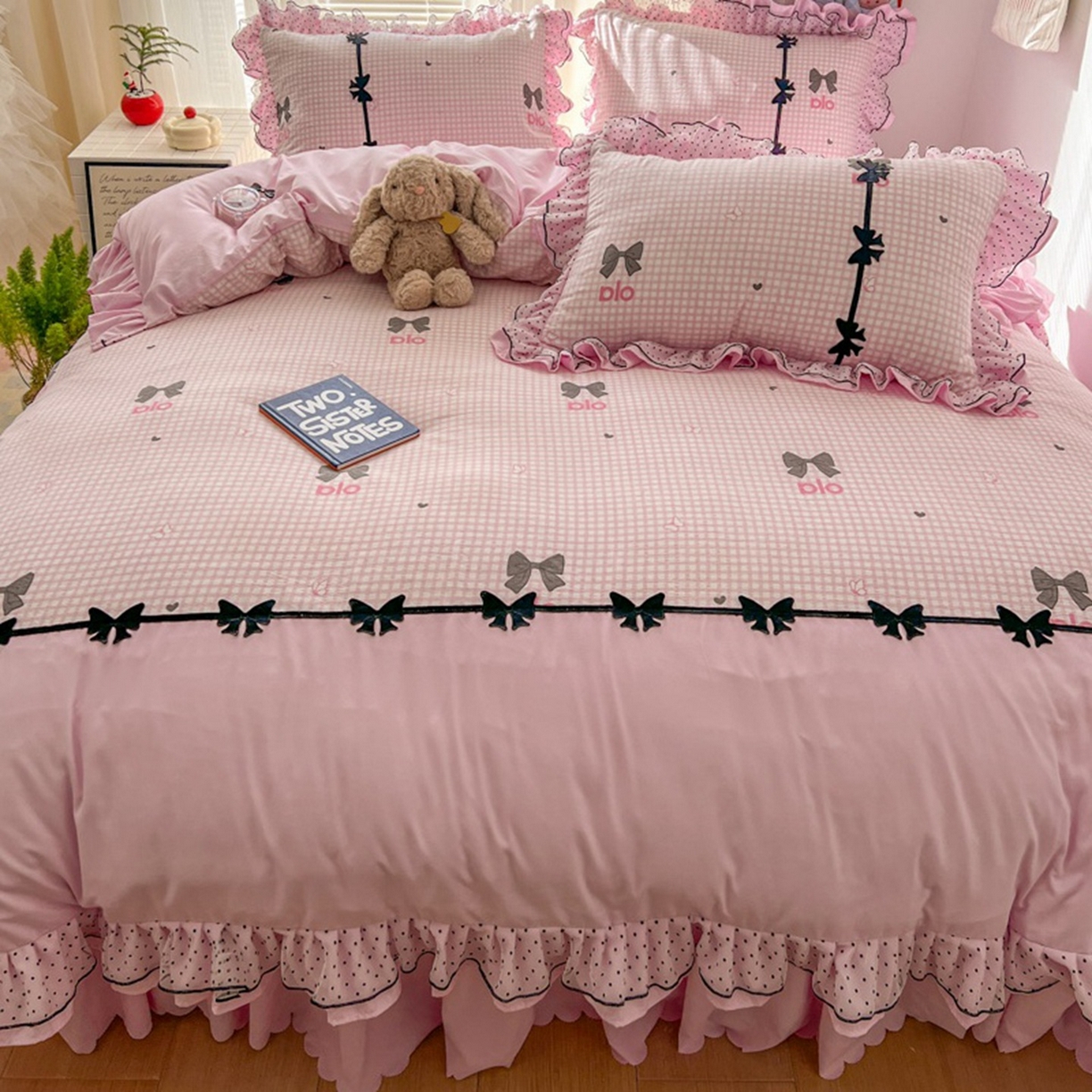 91家纺网 家纺一手货源 找家纺 （总）金盛皇朝家纺 2026新款皱皱纱双层纱水洗棉ins小清新蕾丝花边韩版床裙四件套