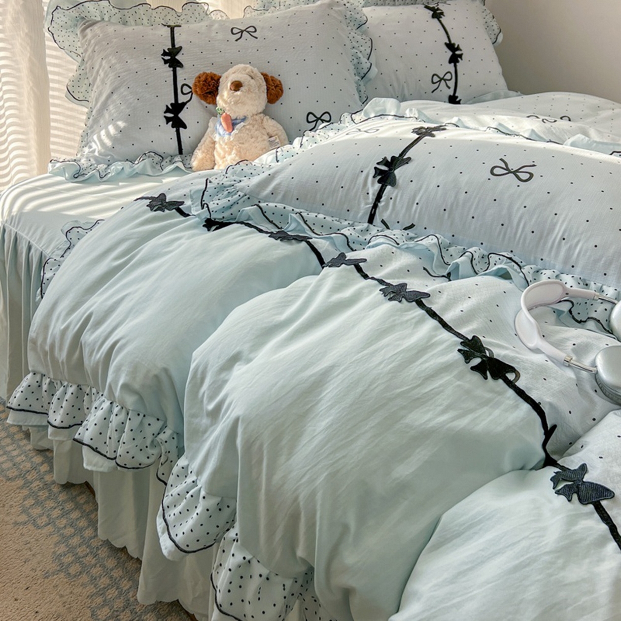 91家纺网 家纺一手货源 找家纺 （总）金盛皇朝家纺 2026新款皱皱纱双层纱水洗棉ins小清新蕾丝花边韩版床裙四件套